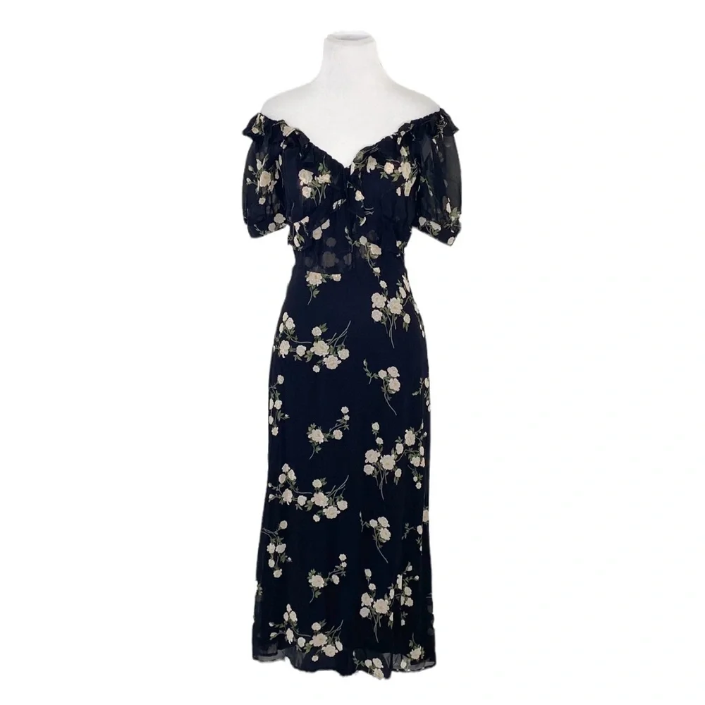Reformation Inez Black Floral Off the Shoulder Midi Dress in Contessa Size 4 - Picture 5 of 10